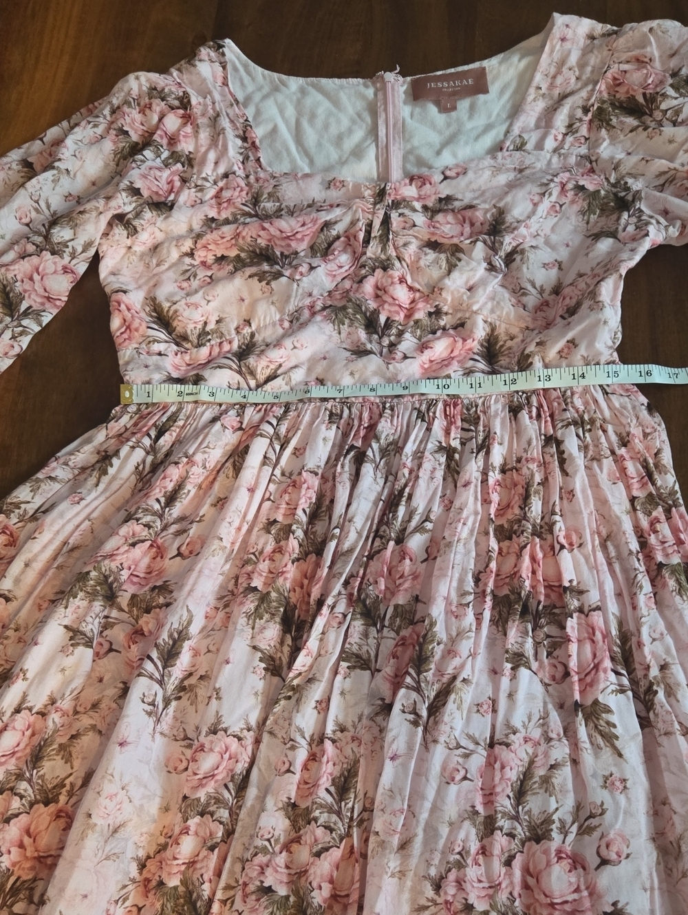 JessaKae Freshly Picked Pink Rose Print Midi Dress with Puff Sleeves Size Large - Picture 5 of 7